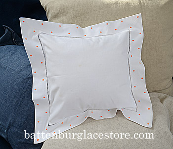Square Pillow. Vermillion Orange color Polka dots.12SQ pillow